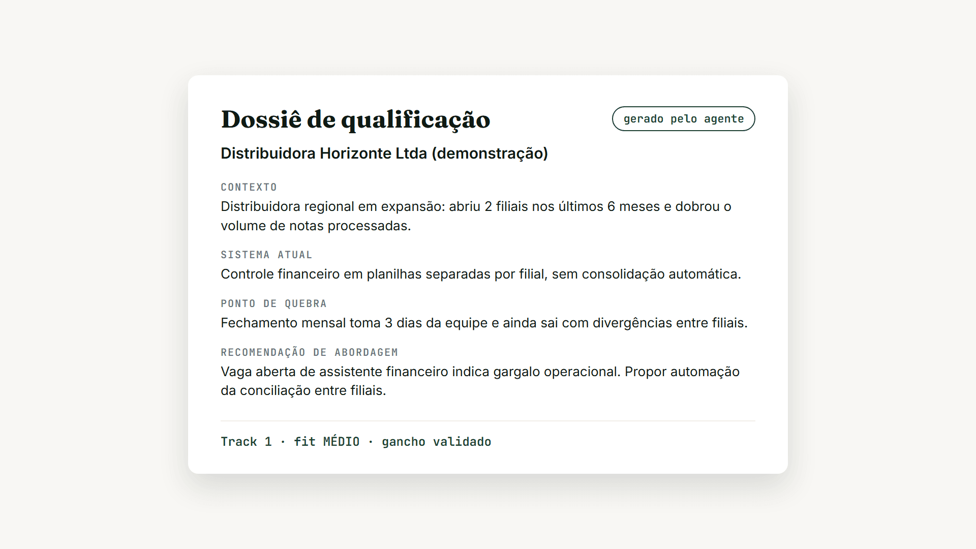 Dossiê de qualificação com contexto da empresa e recomendação de abordagem